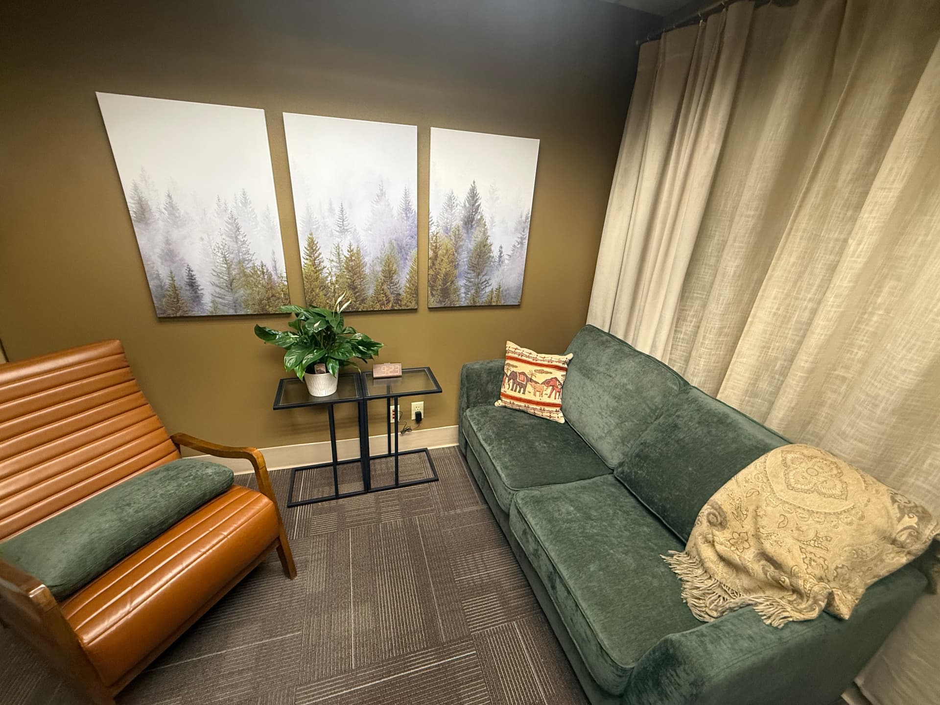 The Zoya waiting area with sage seating, leather chair, forest artwork, and warm cream walls